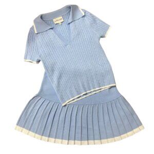 Light Blue Knit Set Size S Collared Crop Top & Pleated Mini Skirt